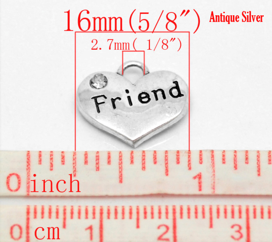 Bild von Zinlegierung Charm Anhänger Herz Antiksilber Message " friend " mit Weiß Strass 16mm x 14mm, 20 Stück