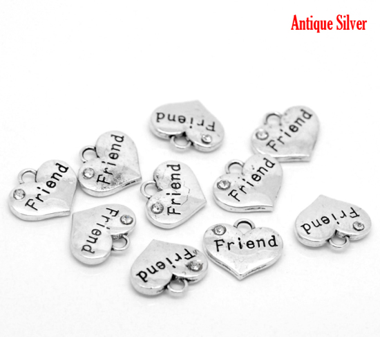 Bild von Zinlegierung Charm Anhänger Herz Antiksilber Message " friend " mit Weiß Strass 16mm x 14mm, 20 Stück