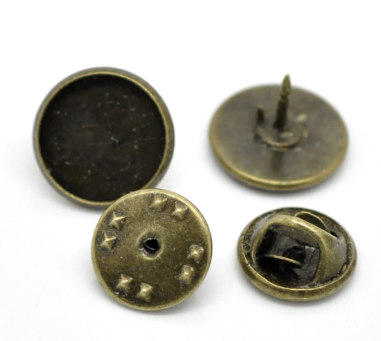 Picture of Brass Tie Tac Lapel Pin Brooches Findings Round Antique Bronze Cabochon Settings (Fits 12mm Dia.) 14mm x10mm( 4/8" x 3/8") 11mm x6mm( 3/8" x 2/8"), 30 Sets                                                                                                   
