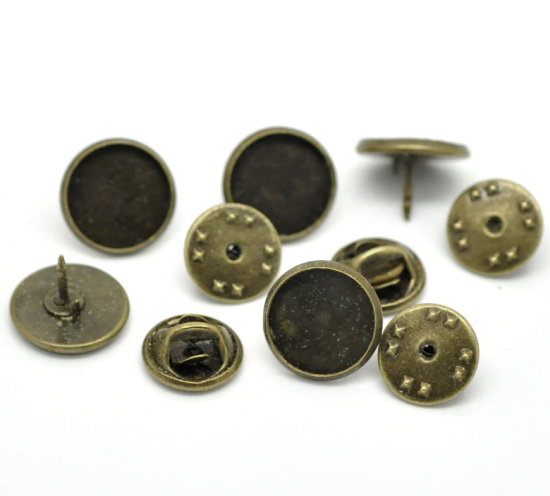 Picture of Brass Tie Tac Lapel Pin Brooches Findings Round Antique Bronze Cabochon Settings (Fits 12mm Dia.) 14mm x10mm( 4/8" x 3/8") 11mm x6mm( 3/8" x 2/8"), 30 Sets                                                                                                   