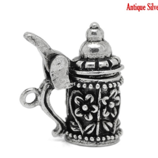 Immagine di Lega di Zinco 3D Charm Ciondoli Tazza Argento Antico Fiore Disegno 19mm x 18mm, 10 Pz