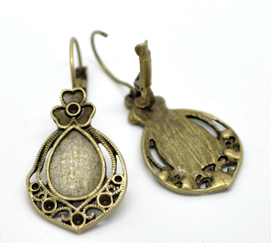 Picture of Brass Clip On Earring Cabochon Settings Teardrop Antique Bronze (Fits 14mm x 10mm) 43mm(1 6/8") x 20mm( 6/8"), Post/ Wire Size: (20 gauge), 10 PCs                                                                                                            