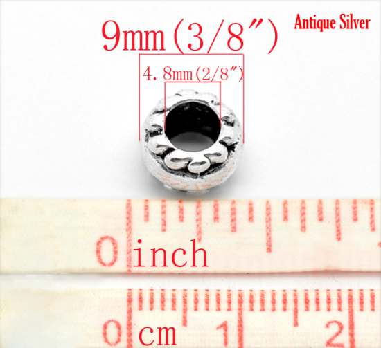 Zinc Metal Alloy European Style Large Hole Charm Beads Wheel Antique Silver Color Plated About 9mm x 7mm, Hole: Approx 4.8mm, 50 PCs の画像