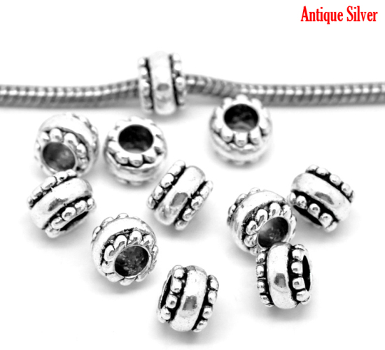 Zinc Metal Alloy European Style Large Hole Charm Beads Wheel Antique Silver Color Plated About 9mm x 7mm, Hole: Approx 4.8mm, 50 PCs の画像