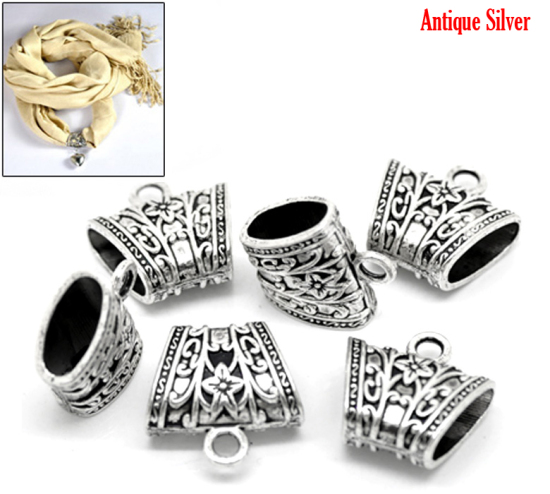 Picture of 10PCs Antique Silver Color Floral Carved Bail Beads for Wrap Scarf (Hole Size:15mmx7mm)