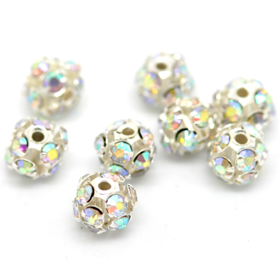 Picture of Zinc Based Alloy Spacer Beads Ball Silver Plated AB Color Rhinestone About 6mm Dia, Hole:Approx 1mm, 30 PCs