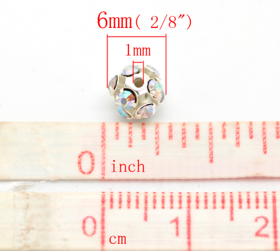 Picture of Zinc Based Alloy Spacer Beads Ball Silver Plated AB Color Rhinestone About 6mm Dia, Hole:Approx 1mm, 30 PCs