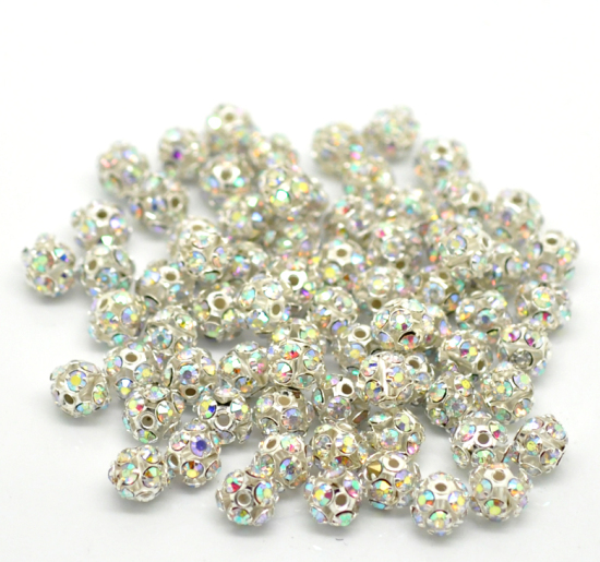 Picture of Zinc Based Alloy Spacer Beads Ball Silver Plated AB Color Rhinestone About 6mm Dia, Hole:Approx 1mm, 30 PCs