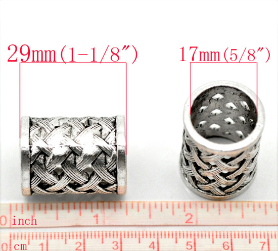 亜鉛合金 スペーサ ビーズ 円筒形 銀古美 格子パターン 約29mm x 21mm、 　穴：約17mm、 2 PCs の画像