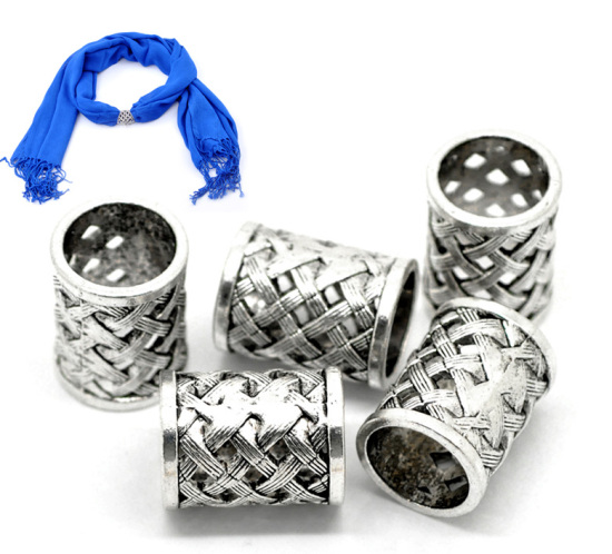 Picture of Zinc Based Alloy Spacer Beads Cylinder Antique Silver Color Lattice Carved About 29mm x 21mm, Hole:Approx 17mm, 2 PCs