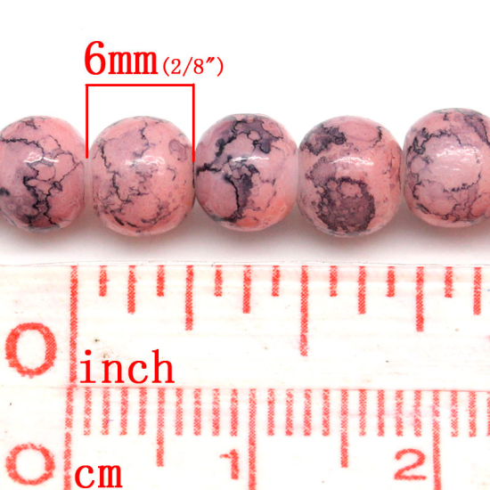 Picture of Glass Loose Beads Round Korea Pink Pattern About 6mm Dia, Hole: Approx 1mm, 80cm long, 2 Strands (Approx 125 PCs/Strand)