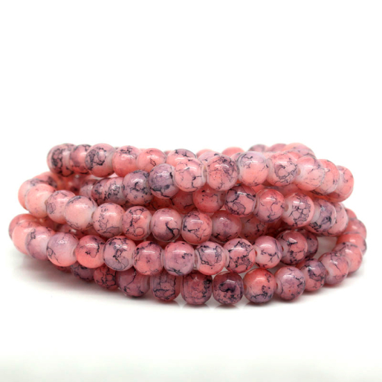 Picture of Glass Loose Beads Round Korea Pink Pattern About 6mm Dia, Hole: Approx 1mm, 80cm long, 2 Strands (Approx 125 PCs/Strand)