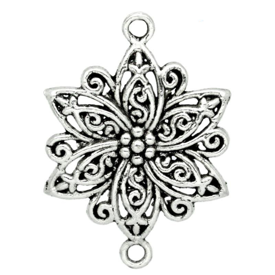 Picture of Filigree Stamping Connectors Findings Flower Antique Silver Color Hollow 40mm x 28mm, 20 PCs