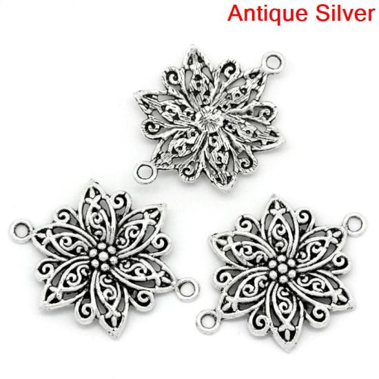 Picture of Filigree Stamping Connectors Findings Flower Antique Silver Color Hollow 40mm x 28mm, 20 PCs
