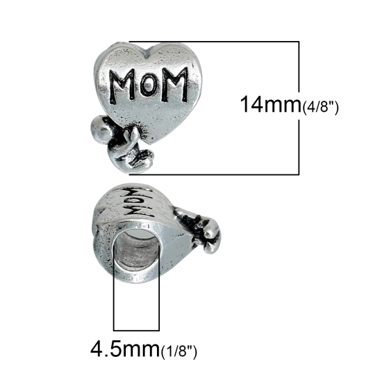 Picture of 2 PCs Zinc Based Alloy Mother's Day European Style Large Hole Charm Beads Antique Silver Color Heart Message " Mom " 14mm x 11mm, Hole: Approx 4.5mm