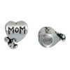 Picture of Zinc Metal Alloy European Style Large Hole Charm Beads Heart Antique Silver Message "Mom" Carved About 14mm( 4/8") x 11mm( 3/8"), Hole: Approx 4.5mm, 2 PCs