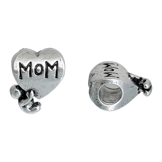 Picture of 2 PCs Zinc Based Alloy Mother's Day European Style Large Hole Charm Beads Antique Silver Color Heart Message " Mom " 14mm x 11mm, Hole: Approx 4.5mm