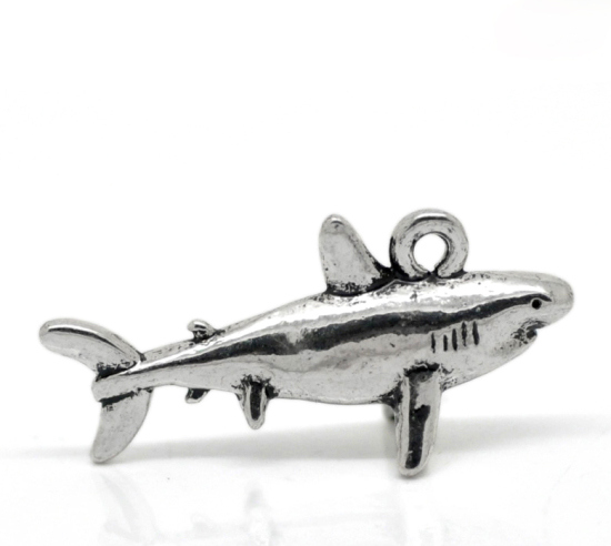 Bild von Antiksilber Hai Tiere Charm Anhänger 26mmx13mm, verkauft eine Packung mit 20