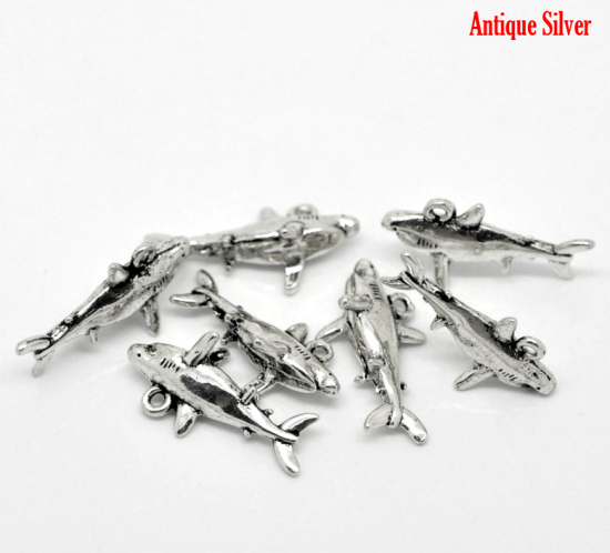 Bild von Antiksilber Hai Tiere Charm Anhänger 26mmx13mm, verkauft eine Packung mit 20