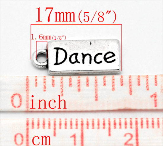 Picture of Zinc Based Alloy Charms Rectangle Antique Silver Color Message " dance " Carved 17x7mm(5/8"x2/8"), 50 PCs