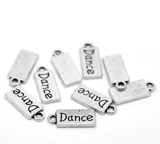 Picture of Zinc Based Alloy Charms Rectangle Antique Silver Color Message " dance " Carved 17x7mm(5/8"x2/8"), 50 PCs