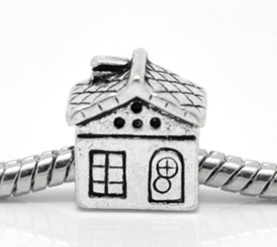 Picture of Zinc Metal Alloy European Style Large Hole Charm Beads House Antique Silver Color About 12mm x 11mm, Hole: Approx 4.5mm, 20 PCs