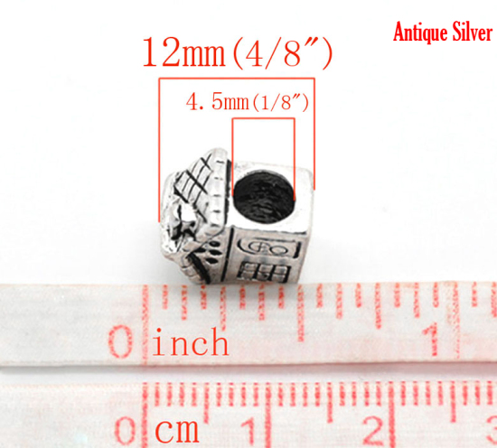 Picture of Zinc Metal Alloy European Style Large Hole Charm Beads House Antique Silver Color About 12mm x 11mm, Hole: Approx 4.5mm, 20 PCs