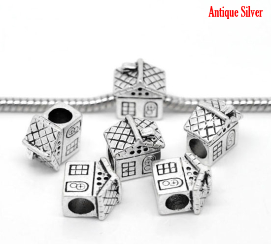 Picture of Zinc Metal Alloy European Style Large Hole Charm Beads House Antique Silver Color About 12mm x 11mm, Hole: Approx 4.5mm, 20 PCs