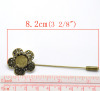 Picture of Brass Stick Pin Brooches Findings Flower Antique Bronze Cabochon Settings (Fits 12mm Dia.) 8.2cm(3 2/8") x 2.6cm(1"), 10 PCs                                                                                                                                  