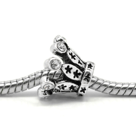 Zinc Metal Alloy European Style Large Hole Charm Beads Crown Antique Silver Color Star Carved Clear Rhinestone About 14mm x 10mm, Hole: Approx 4.5mm, 10 PCs