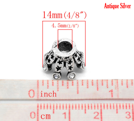 Picture of Zinc Metal Alloy European Style Large Hole Charm Beads Crown Antique Silver Star Carved Clear Rhinestone About 14mm x 10mm( 4/8" x 3/8"), Hole: Approx 4.5mm, 1 PCs