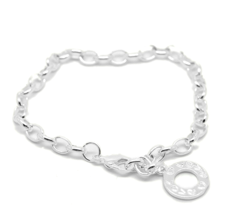 Copper Clip On Charms Bracelets Link Cable Chain Silver Plated Message "Love" Carved 21cm(8 2/8") long，4 PCs