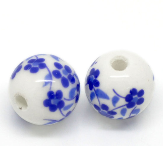 Picture of Ceramics Beads Round White & Blue Flower Pattern About 12mm Dia, Hole: Approx 2.5mm, 30 PCs