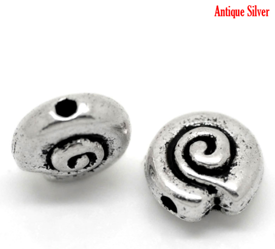 Immagine di Lega di Zinco Separatori Perline Tondo Argento Antico Spirale Disegno Circa 8mm Dia, Foro:Circa 1.0mm, 100 Pz