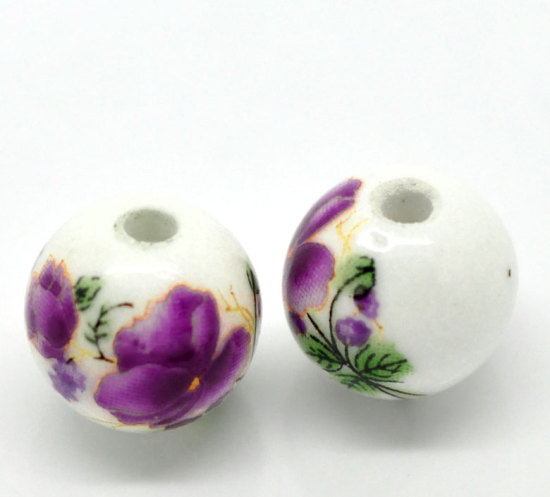 Picture of Ceramics Beads Round White Flower Pattern About 12mm Dia, Hole: Approx 2.5mm, 30 PCs