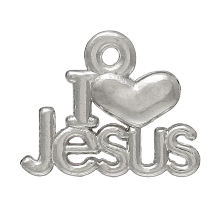 Bild von Zinklegierung Charm Anhänger Silberfarbe Message "I love Jesus" 16mm x 13mm. 50 Stück
