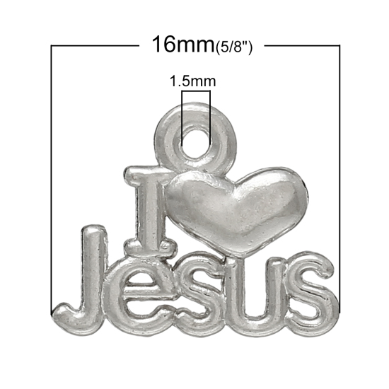 Imagen de Colgantes Aleación del Metal Del Zinc de Alfabeto,Corazón Plata Antigua Rhinestone Yo quiero a Jesús Carved 16.0mm x 13.0mm, 50 Unidades 