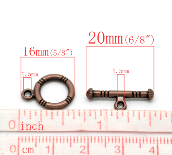 Picture of Zinc Based Alloy Toggle Clasps Round Antique Copper Stripe Carved 16mm x 12mm 20mm x 7mm, 50 Sets