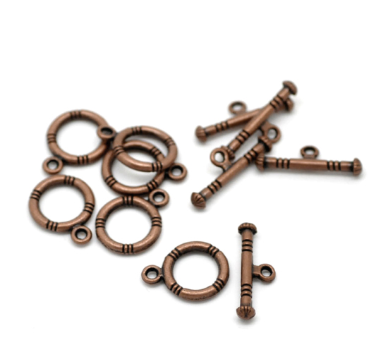 Picture of Zinc Based Alloy Toggle Clasps Round Antique Copper Stripe Carved 16mm x 12mm 20mm x 7mm, 50 Sets