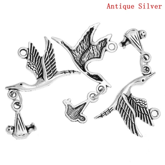 Immagine di Lega di Zinco Charm Ciondoli Gru Argento Antico Nulla Disegno 29.0mm x 24.0mm, 20 Pz
