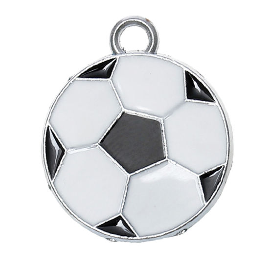Imagen de 100 Unidades Zamak Deporte Colgantes Tono de Plata Negro & Blanco Fútbol Esmalte 24mm x 19mm