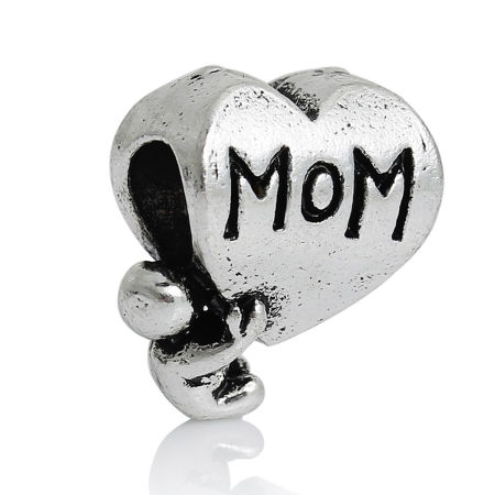 2 PCs Zinc Based Alloy Mother's Day European Style Large Hole Charm Beads Antique Silver Color Heart Message " Mom " 14mm x 11mm, Hole: Approx 4.5mm