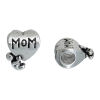 Picture of 2 PCs Zinc Based Alloy Mother's Day European Style Large Hole Charm Beads Antique Silver Color Heart Message " Mom " 14mm x 11mm, Hole: Approx 4.5mm