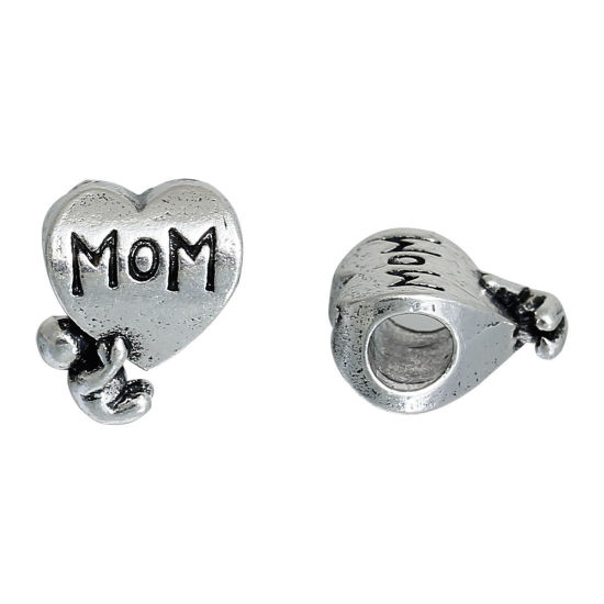Picture of 2 PCs Zinc Based Alloy Mother's Day European Style Large Hole Charm Beads Antique Silver Color Heart Message " Mom " 14mm x 11mm, Hole: Approx 4.5mm