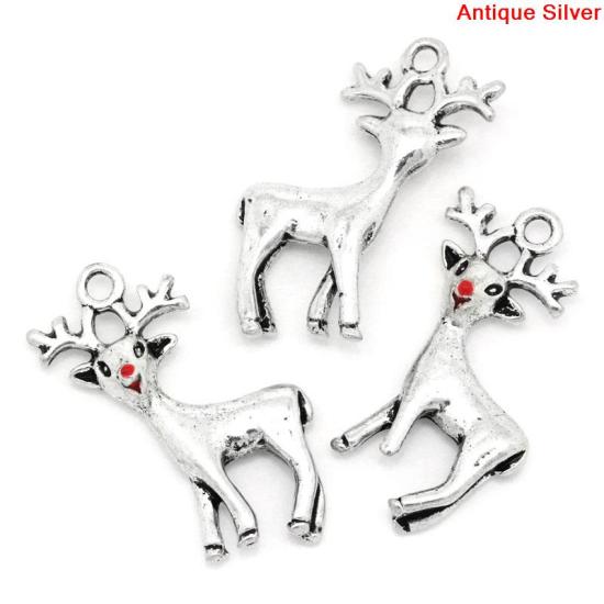 Immagine di Lega di Zinco Charm Ciondoli  Argento Antico Cevo di Natale Disegno 24.0mm x 21.0mm, 20 Pz