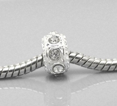 Zinc Metal Alloy European Style Large Hole Charm Beads Round Silver Plated Clear Rhinestone About 10mm Dia, Hole: Approx 4.7mm, 10 PCs