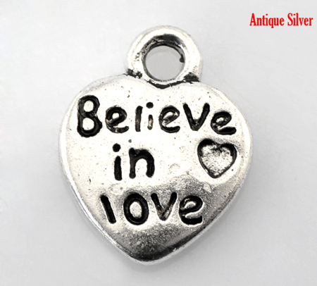 Bild von Zinklegierung Charm Anhänger Herz Antiksilber Message "Believe in love" 12mmx10mm. 100 Stück