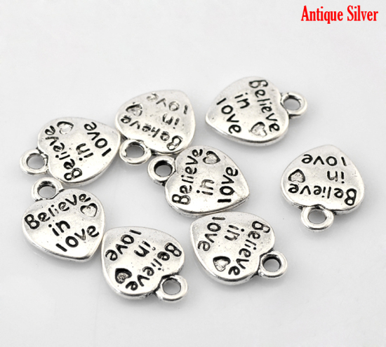 Bild von Zinklegierung Charm Anhänger Herz Antiksilber Message "Believe in love" 12mmx10mm. 100 Stück