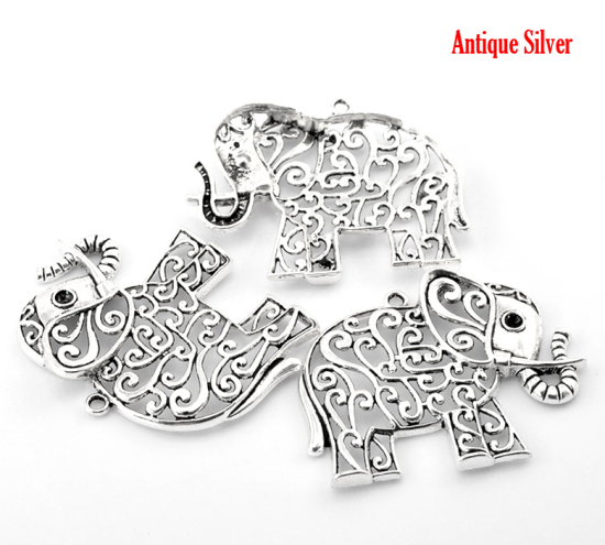 Picture of 5PCs Antique Silver Color Elephant Animal Charm Pendants 6.3x5cm(2 4/8"x2")