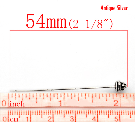 Picture of Zinc Based Alloy Ball Head Pins Antique Silver Color 5.4cm(2 1/8") long, 0.7mm (21 gauge), 50 PCs